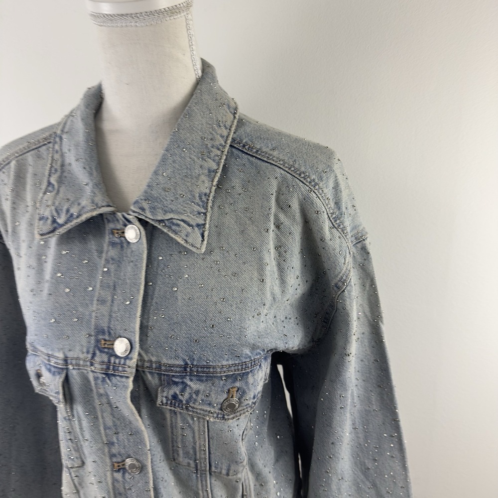 ZARA Women's Denim Jacket XXL Blue Studded Rhinestone Embellished NWT - Picture 4 of 12